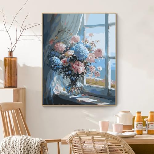 PRASIO Paint by Numbers Kit for Adults Beginner, Flowers Adult Paint by Number Kits on Canvas, DIY Acrylic Watercolor Oil Paint by Number for Adults for Home Decor Gift 16x20 Inch - color: XM-OP-WindowsillHydrangea-4050