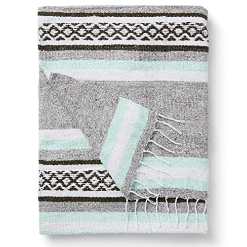 Teal and Gray Mexican Blanket by Laguna Beach Textile Co - Beach, Yoga, Camping, or Decorative Throw Blanket - Traditional Handmade Serape - Gray Sage - color: Mint & Gray