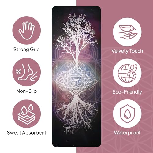 HIGHTOP Yoga Mat with Strap Non-Slip 6mm Thick, Premium Suede & TPE Tree-of-Life Root Chakra Design (72”x24”) Yoga, Hot Yoga, Pilates and Sweaty Workout