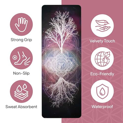 HIGHTOP Yoga Mat with Strap Non-Slip 6mm Thick, Premium Suede & TPE Tree-of-Life Root Chakra Design (72”x24”) Yoga, Hot Yoga, Pilates and Sweaty Workout