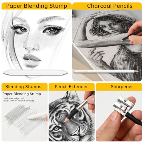 Sketch Drawing Pencil Set, 24 Pcs, Graphite Pencils (14B-4H) | Art Pencil Kit with Black and White Charcoal Pencils, Charcoal Sticks, Stumps, Eraser, Sharpeners, Sketch Set for Artists
