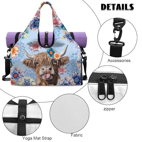 Yoga Mat Bag for Men Women Canvas Yoga Mat Carrier Take In Out Mat Easily for Beach Swim Bags Pool Sports Gym - color: Highland Cattle