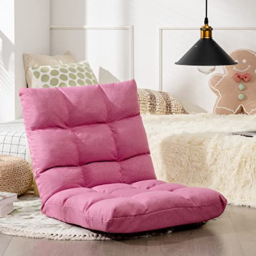 Giantex Adjustable Floor Gaming Sofa Chair 14-Position Cushioned Folding Lazy Recliner High Resilience Sponge, Breathable Cotton & Linen Fabric Sleeper Bed Couch Recliner (Pink) - color: Pink