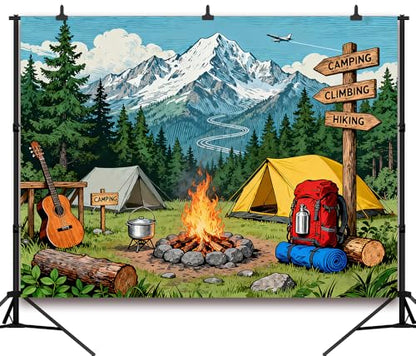 7x5FT Camping Backdrop Pine Tree Camping Equipment Bonfire Directional Sign Background for Outdoor Adventure Travel Holiday Themed Party Decoration Photo Shoot Props Vinyl - size: 7x5FT