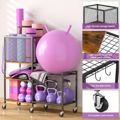 Dumbbell Rack, Yoga Mat Storage Holder, Home Gym Storage Rack, Workout Equipment Storage Organizer, Weight Storage Holder Rack with Hooks and Wheels - size: 5 Tier