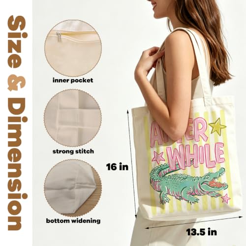 VICBOU Gator Goose Chicken Canvas Tote Bag for Women Girls, Cute Shoulder Bag with Pocket for Beach Shopping Work - color: Alligator03