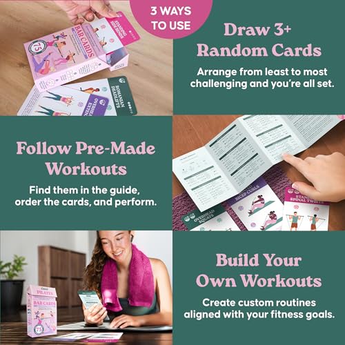 Zinsk 75 Pilates Bar Exercise Cards – Create Home Workouts that Sculpt and Tone – 3" x 5" Cards with Full Instructions – Includes Getting Started Pamphlet with 8 Pre-Made Routines