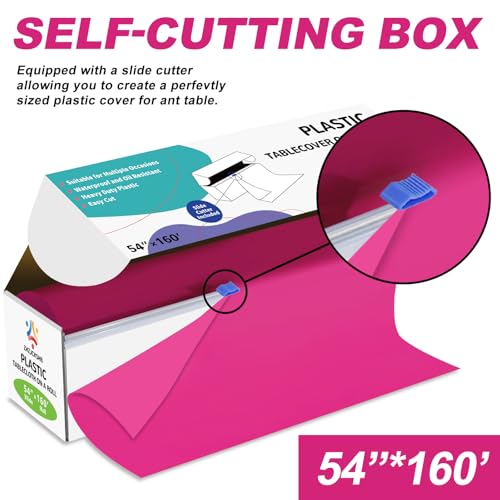 54IN X 160FT Plastic Table Cover Roll with Cutter Box, Cut to Size Plastic Table Cloths for Parties, Birthday, (Fuchsia, 54"x1920") - color: Fuchsia, size: 1920" x 54" (Rectangular)