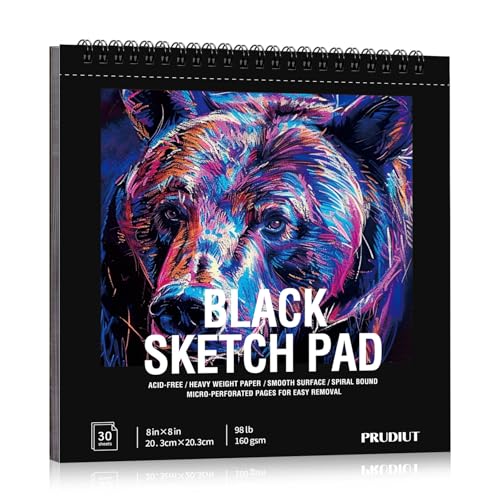 Black Paper Sketchbook 8 × 8 in, 30 Sheets, 160gsm Spiral Bound Drawing Pad | Acid-Free 98Lb Black Paper, Top Spiral, Tear-Off Pages, Hardcover, for Colored Pencil, Chalk & Metallic Markers - size: 8×8 Inch (1 pack)