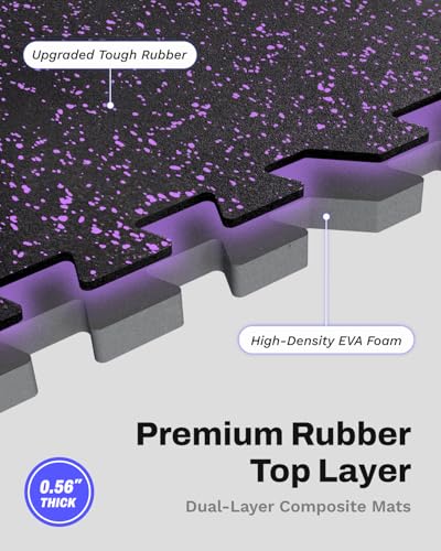 AIRHOP 0.56in Thick 24 Sq Ft Exercise Equipment Mats, 6 Tiles Upgraded Rubber Top with High Density EVA Foam, Large Interlocking Puzzle Gym Flooring for Home Gym, Heavy Weight Workout, 24 x 24in - color: Black/Purple, size: 24 Sq Ft (6 Tiles)