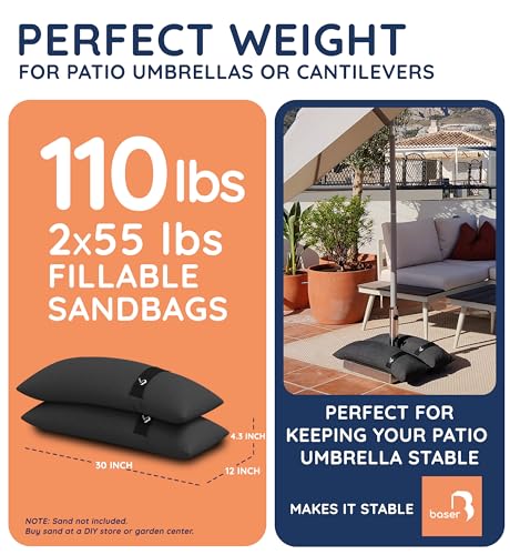 Baser Original Sandbags Fillable Weight Bags for Patio Umbrella Bases, Weather Resistant Recycled Polyester for Outdoor Furniture Windproof Stability - size: 2 x 55 lbs