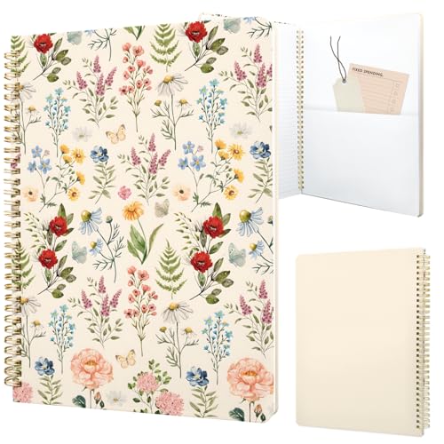 Cute Spiral Notebook journal A4 Aesthetic Pretty Design for Women Girls Kawaii with Pocket, 8.5 x 11 inch, Lined, Plant Flower - color: Vintage Flower, style: Lined