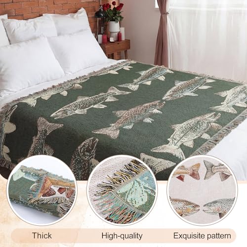 Moukeren 60 x 50 Inch Woven Tapestry Throw Blanket with Colorful Tassel, Rainbow Trout, Great Lakes Trout Fishing Gift, Fly Fishing Gift for Fisherman Dad or Husband - style: Rainbow Trout