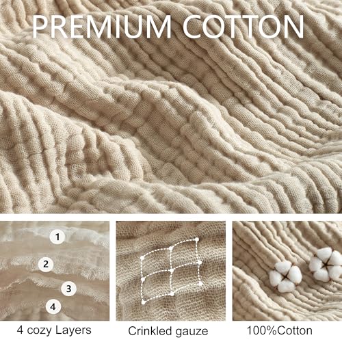 100% Cotton Muslin Blanket for Adult 108x90 4-Layer Gauze Throw - color: Khaki, size: 108x90 inch