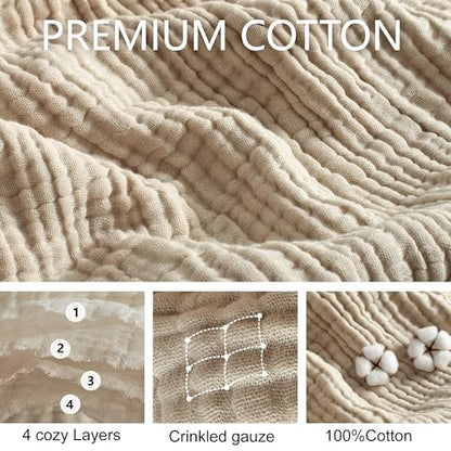 100% Cotton Muslin Blanket for Adult 108x90 4-Layer Gauze Throw - color: Khaki, size: 108x90 inch