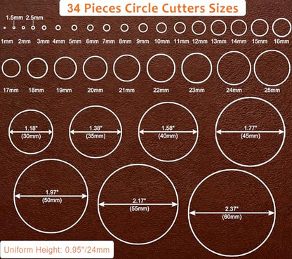 Leather Circle Cutter Tool Set, 34 Pieces Circle Punch Tools 1-25mm 30 35 40 45 50 55 60mm, High Carbon Steel Round Cutting Dies - Leather Hole Punch Tool Kit for DIY Leathercrafts - size: 34 Sizes
