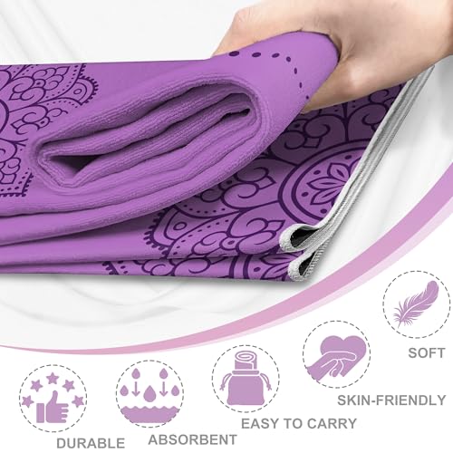 Yoga Towel, Absorbent Yoga Mat Towel for Hot Yoga Non Slip, Stylish Prints, Ideal for Workouts, Hot Yoga, Bikram, Pilates Equipment,72 x 27 in,Purple Mandala - color: Purple Mandala