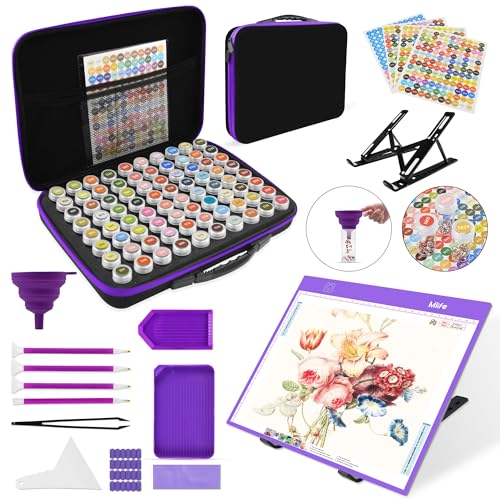 Mlife Diamond Art Painting Storage Boxes,1 Diamond Painting A4 Light Box Tracing Light Board with 3 Brightness, 80 Slots Bead Storage with 5D Diamond Art Accessories and Tools Kit（Purple） - color: purple