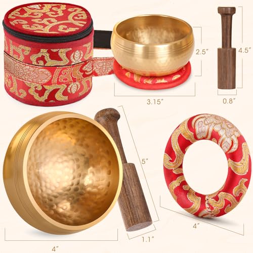 Relaehih 2-Pack Tibetan Singing Bowls Set - 100% Handmade in Nepal, Sound Bowl Meditation Set for Yoga, Chakra Healing, Meditation Gifts, Unique Gifts for Women - color: Red