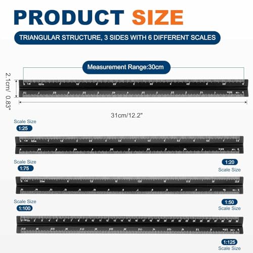 HARFINGTON 2 Pcs Architectural Scale Ruler, 12 Inch Metric Aluminum Alloy Architect Triangular Small Scale Laser-Etched Blueprint Drafting Ruler for Architects Engineers, Black - color: Black, size: 12 Inch