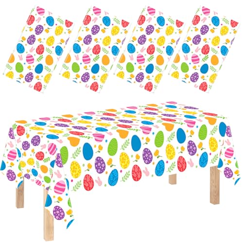 4 Pack Easter Tablecloth Plastic, DisposableTable Cloth Table Cover with Colorful Easter Eggs Bunny Design for Spring Holiday,Party,Dinner Picnic Decorations (54 x108 in) - color: Easter Colorful Eggs