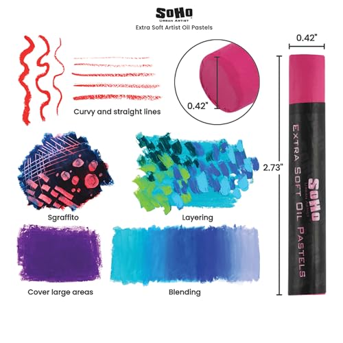 Soho Urban Artist Oil Pastels 52pc Set - Extra Soft, Blendable, Highly Pigmented and Vibrant, Ideal for Artists & Professionals - Suitable for Drawing, Sketching, Layering, and Scraping - size: 52 Count (Pack of 1)