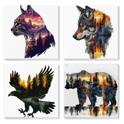 HEIBAGO 4 Pack Wild Animals Framed Paint by Numbers Kit for Adults Beginner, Adult Paint by Number Kits, DIY Small Easy Acrylic Oil Painting for Wall Decor 8 x 8 Inch (Bear Wolf Eagle and Lynx) - color: Wild Animals