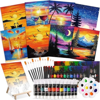 Cholemy 36 Pcs Paint and Sip Kit for Adults 8''x10'' Pre Drawn Canvas for Painting DIY Afro Acrylic Painting Kit Wood Easel Brushes Date Night Bulk for Mother's Day Party Gifts - style: Sunset