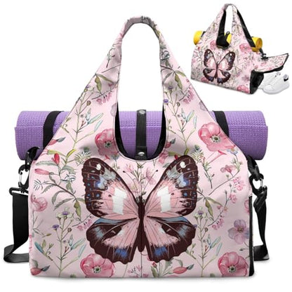 Yoga Mat Bag for Men Women Canvas Yoga Mat Carrier Take In Out Mat Easily for Beach Swim Bags Pool Sports Gym - color: Butterfly pink