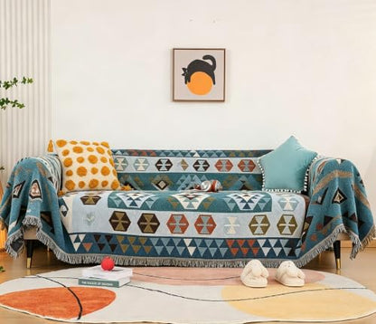 Luxlovery Blue Bohemian Sofa Throw Blankets Ethnic Woven Boho Geometric Blue and Khaki Throw Blanket for Couch Aztec Bed Throws Oversized Chair Sofa Cover with Tassels(63"x86") - color: Blue Turkey, size: 63"x86",160x220cm