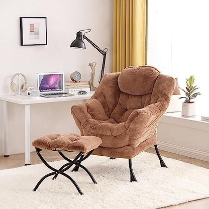 Tiita Modern Large Accent Lounge Chair with Ottoman, Leisure Sofa Armchair with Footrest, Reading Chair for Bedroom, Living Room, Dorm Rooms, Garden and Courtyard - color: Plush-brown
