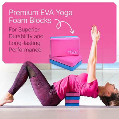 Yoga Blocks 2 Pack with Strap and Guide – Soft Non-Slip EVA Foam Blocks | High-Density Pilates Blocks for Home Workouts, Dance, Ballet, Gymnastics & Stretching Exercise, Dance Accessories and Gifts - color: Pink/Blue - Stretch Band Blue