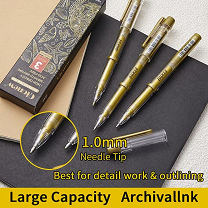 Qionew Gold Gel Pens, 3 Pack, 1mm Fine Gel Ink Pen, Opaque Ink, for Artists Drawing on Black Paper, Sketching, Illustration, Card Making, Bullet Journaling - size: 1 Count (Pack of 3), style: Gold