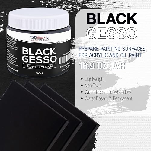U.S. Art Supply Black Gesso Primer - 16.9oz (500ml) for Oil & Acrylic Paint | Superior Coverage, Canvas Prep, Mixable White Gesso Paint Artists - color: Black