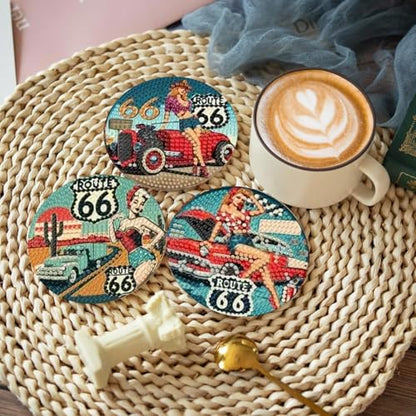 Mrnsiet 8 Pcs Car Diamond Art Coasters Kits for Adults, Highway Landscape Diamond Painting Coaster with Holder, Non Slip Hardwood Bases Coaster Set Gift for Beginners 4x4 Inch - color: BDWY195