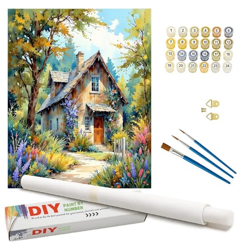 Countryside House Paint by Numbers Kit for Adults - DIY Rustic Cottage Painting on Rolled Canvas 16x20 Inches, Acrylic Paint Set, Suitable for Beginners, Country Art for Home Decoration or Gifts - color: HSX00222, size: 16X20IN Rolled