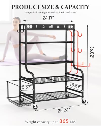 Mythinglogic Home Gym Storage Rack with Wheels for Dumbbells and Yoga Mats - color: New Black