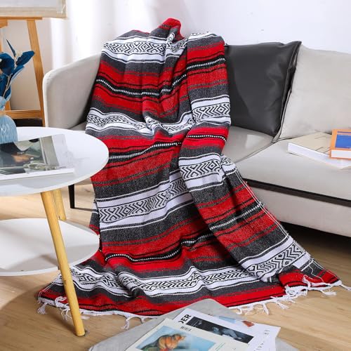 Oudain 4 Pcs Mexican Blankets Bulk Handwoven Mexican Yoga Blanket Towel Colorful Falsa Serape Woven Throw Blanket Boho Beach Blankets for Outdoor Camping Beach Picnic Travel Home(Red) - color: Red