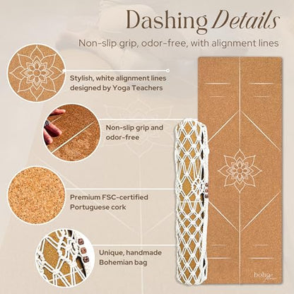 Premium Cork Yoga Mat Large 72"x26" – 5mm Thick Natural Rubber Cushioning - Non Slip Grip for Hot Yoga - Non-toxic & Odor-free - Stylish Alignment Lines & Elegant Boho Yoga Bag