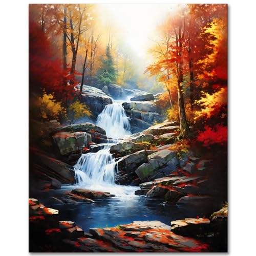 TUMOVO Adult Paint by Number Kits on Canvas Autumn Landscape Craft Kits | Forest Waterfall Color by Numbers for Adults Beginner, Acrylic Paints Included, 16x20 Inch