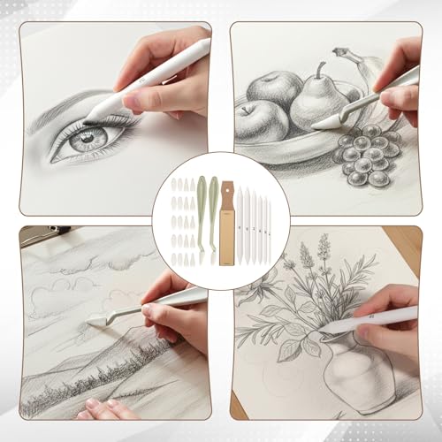 Blending Stump, 29 Pack Tortillions Blending-Pencil Oil Pastel Sandpaper Pencil Sharpener with 20 Pcs Sponge Heads Oil Pastel Blending Tools for Artist Student Sketch Drawing Supplies