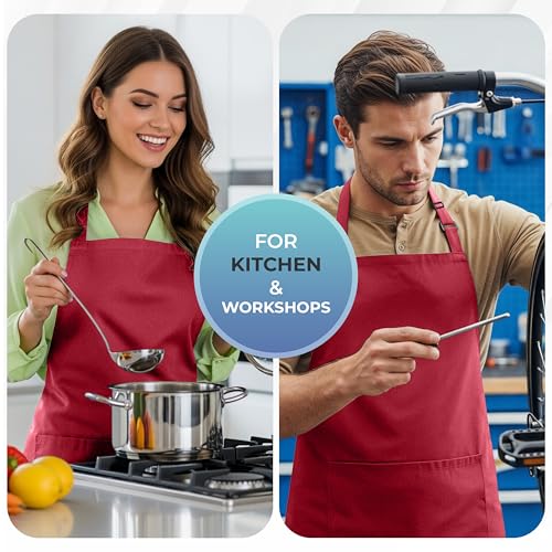 Utopia Kitchen 4 Pack Bib Apron Adjustable with 2 Pockets, Water and Oil Resistant, Cooking Kitchen Chef Apron for Women Men - color: Red