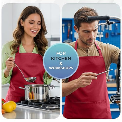 Utopia Kitchen 4 Pack Bib Apron Adjustable with 2 Pockets, Water and Oil Resistant, Cooking Kitchen Chef Apron for Women Men - color: Red