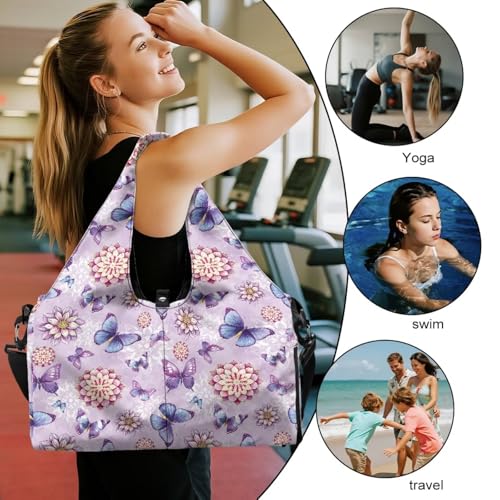 Yoga Gym Bag with Removable Adjustable Shoulder Strap, Shoe Compartment & Top Yoga Mat Holder 17.72x8.66x9.84in - color: Butterfly Mandala Floral Print