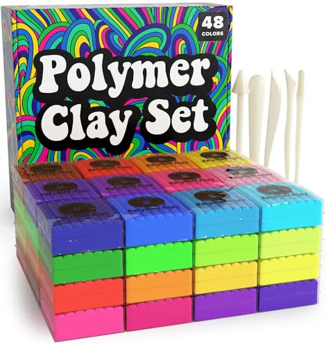 HIPPIE CRAFTER Polymer Clay Kit, 48 Colors Oven Bake Clay, 5 Sculpting Tool | Colored clay set, soft modeling compound for jewelry making, beads, earrings, pendants, molds & DIY crafts, kids & adults