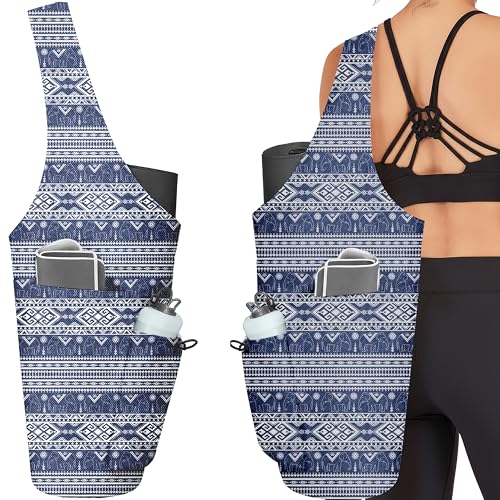 Yoga Bag for Women, Large Yoga Mat Bag Tote Carrier with Wet Dry Pocket | Water Bottle Holder & Adjustable Strap, Fits 1/2" Thick Yoga Mat for Gym, Pilates, Travel, Work - color: Blue Boho Elephant