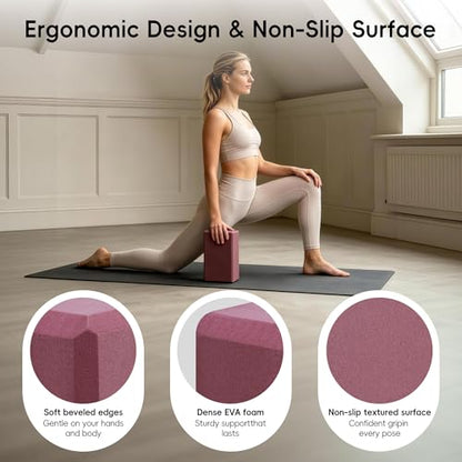 High Density EVA Yoga Blocks 2 Pack, 280g Pro-Level Exercise Brick (46-50 Shore C Firmness), Odor-Free & Non-Slip Foam Props for Yoga, Pilates & Stretching - color: rose purple