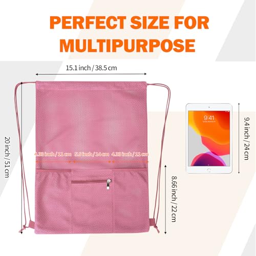 NATURAL STYLE Mesh Drawstring Backpack Bag, Gym Sports Bag with Zipper Pocket Bottle Holder, String Beach Bag for Swiming Travel (Pink) - color: Pink