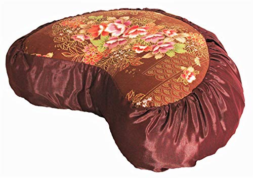 Meditation Cushion Crescent Zafu Pillow Japanese Kimono Silk Peony - color: Peony