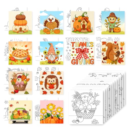 Fall 12 Packs Pre Drawn Canvas to Paint, Thanksgiving Pre Printed Canvas for Painting, Pre Stretched Canvas Outline Painting Boards for Beginners, Students, Party Favors(4 * 4in) - color: Fall